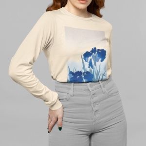 Japanese Iris Flower Vintage Art Print Long Sleeve Graphic Tee T-shirt S M L XL